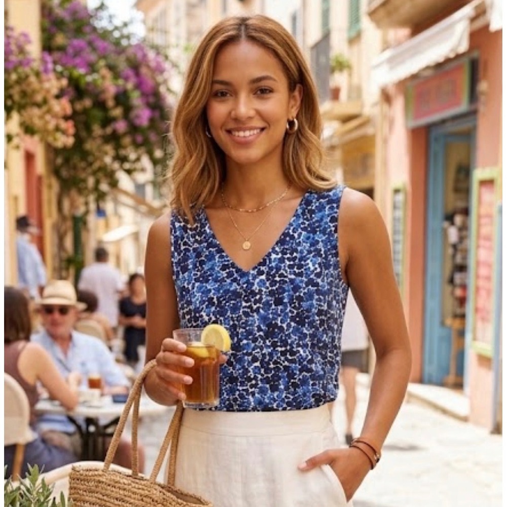 Molly Bracken Navy Marine Floral Sleeveless V-Neck Blouse LA1341BP XL NWT